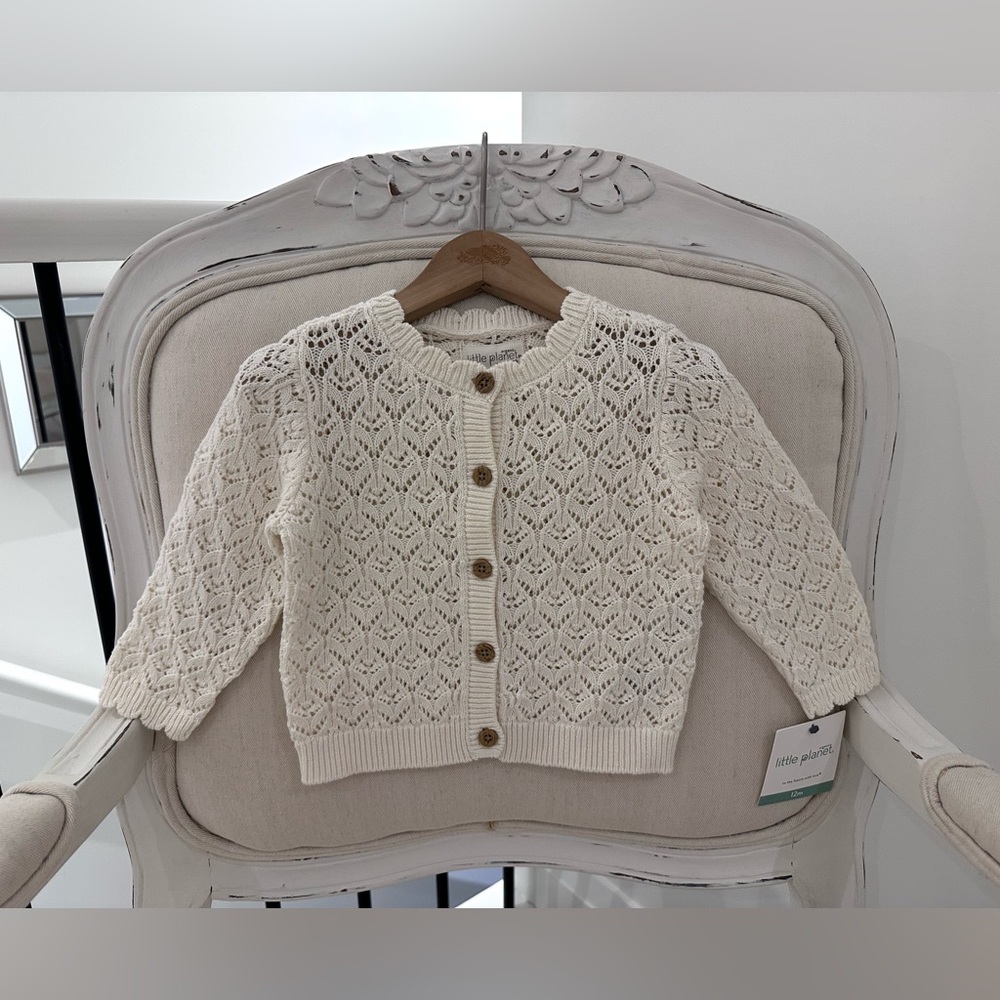 🦢 12 Mth Organic Cotton Ivory Knit Baby Cardigan Sweater With Scallop Trim NWT
